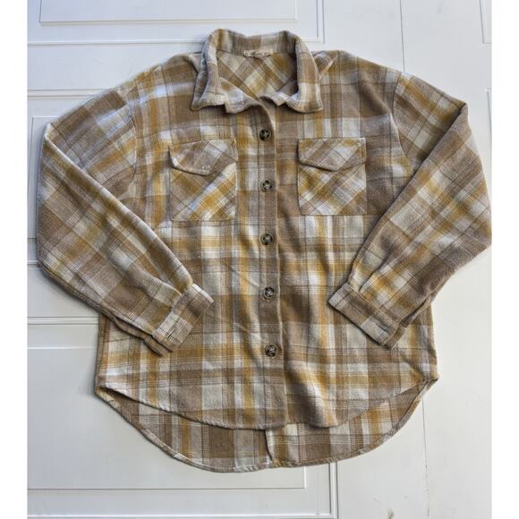 Pie in the sky Tops - Pie In The Sky Women’s Oversized Medium Plaid Flannel Shirt Yellow Tan White